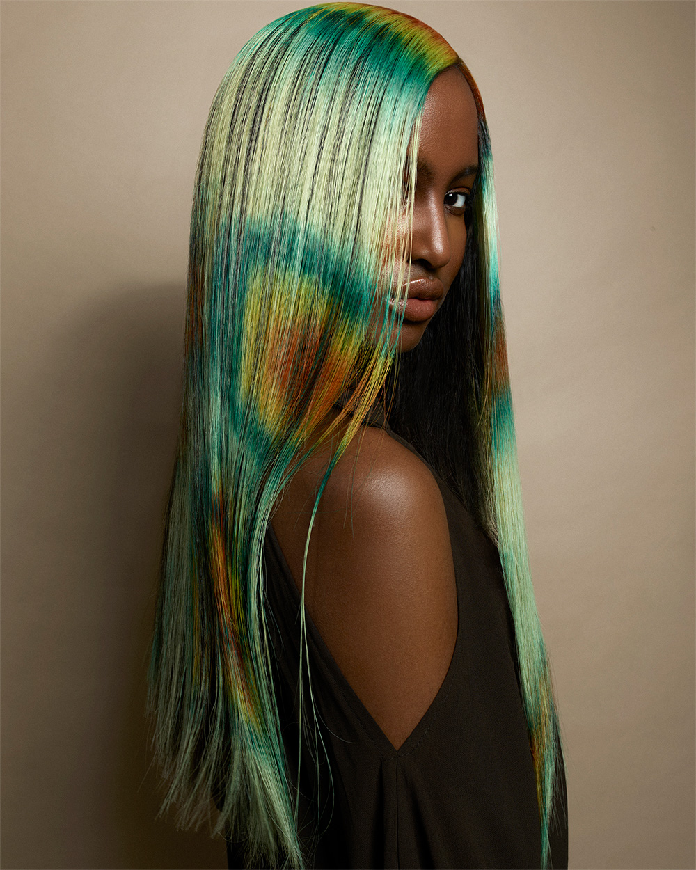 Long Straight Hair with Green and Copper Colour – Kirsty Judge and Poonam Mehmi – Verdant Collection